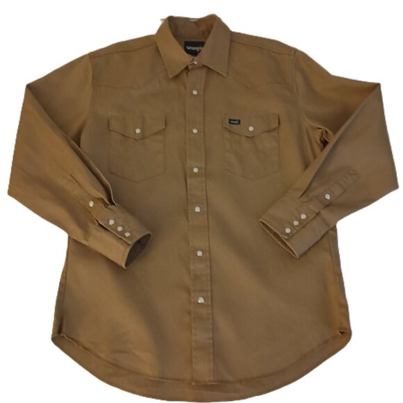Wrangler Men's Tan Western Pearl Snap Shirt Front Back Yokes Pockets Size Large - Picture 1 of 16